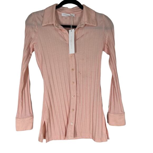 FLAWED JONATHAN SIMKHAI STANDARD Cal Compact Rib-Knit Polo Shirt Rosebud Small - Picture 4 of 8